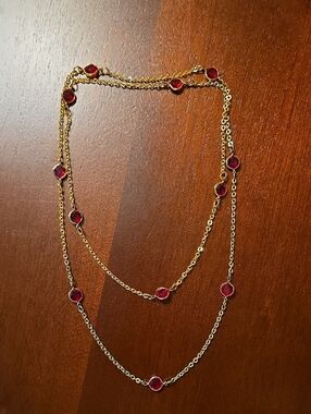 Gold Chain Necklace with Red Gem Bezel Accents